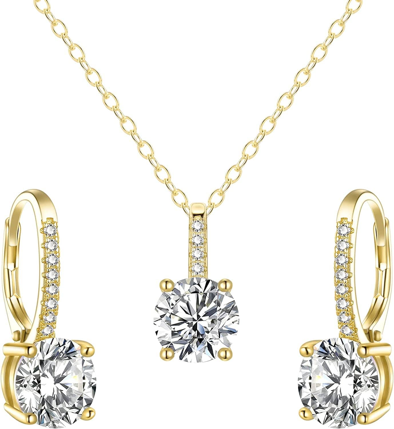 Bridal Wedding Jewelry Set, 925 Sterling Silver Sparkly White CZ Birthstone Hypoallergenic Engagement Necklace Earrings Set A-Gold
