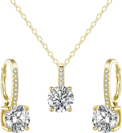 Bridal Wedding Jewelry Set, 925 Sterling Silver Sparkly White CZ Birthstone Hypoallergenic Engagement Necklace Earrings Set A-Gold