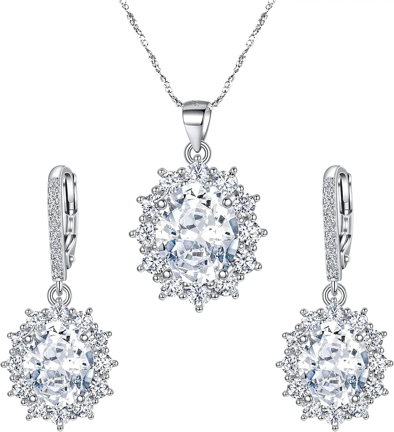 Bridal Wedding Jewelry Set, 925 Sterling Silver Sparkly White CZ Birthstone Hypoallergenic Engagement Necklace Earrings Set C-Clear