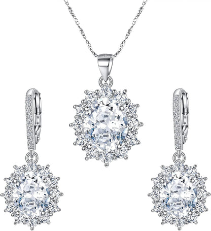 Bridal Wedding Jewelry Set, 925 Sterling Silver Sparkly White CZ Birthstone Hypoallergenic Engagement Necklace Earrings Set C-Clear