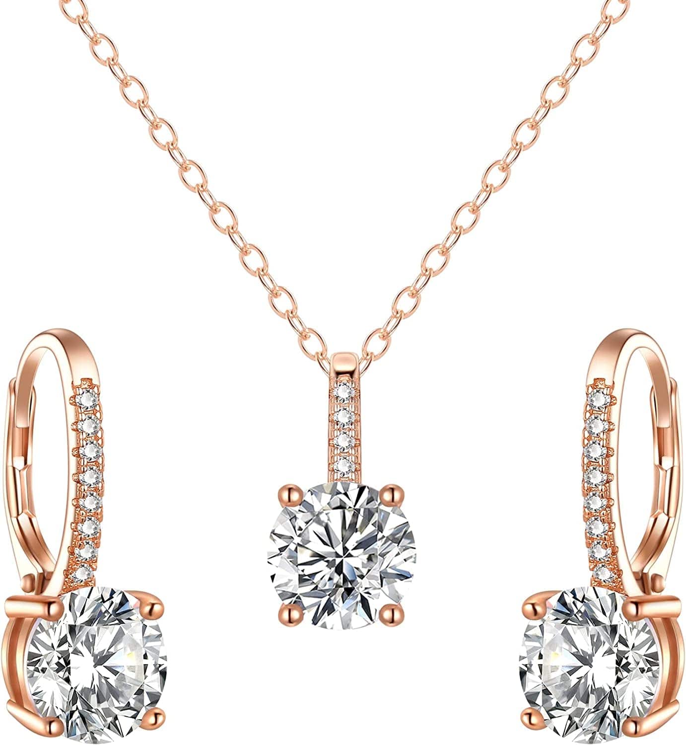 Bridal Wedding Jewelry Set, 925 Sterling Silver Sparkly White CZ Birthstone Hypoallergenic Engagement Necklace Earrings Set A-Rose Gold