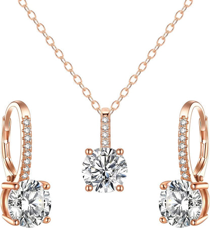 Bridal Wedding Jewelry Set, 925 Sterling Silver Sparkly White CZ Birthstone Hypoallergenic Engagement Necklace Earrings Set A-Rose Gold