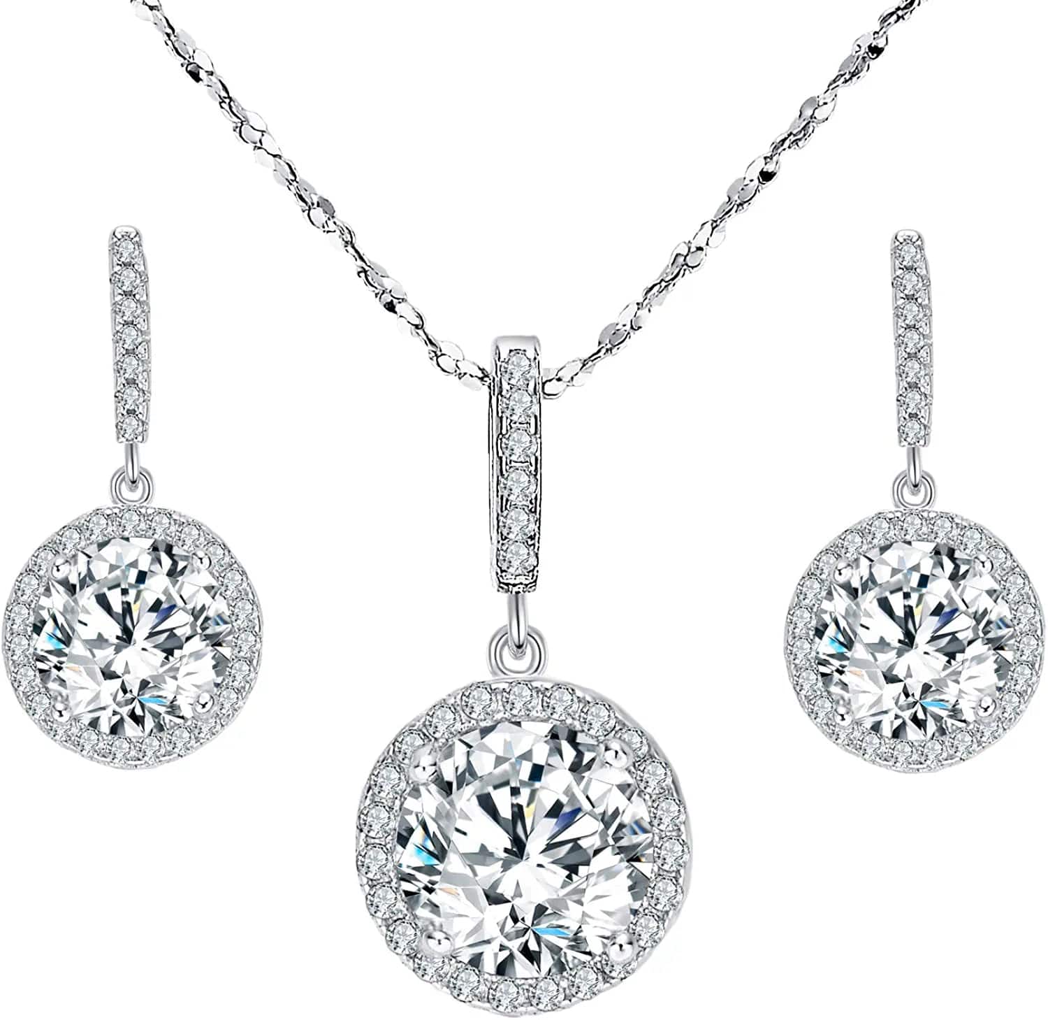 Bridal Wedding Jewelry Set, 925 Sterling Silver Sparkly White CZ Birthstone Hypoallergenic Engagement Necklace Earrings Set B-Clear