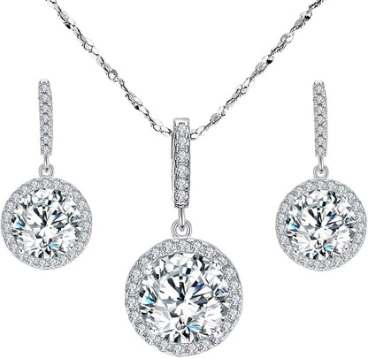 Bridal Wedding Jewelry Set, 925 Sterling Silver Sparkly White CZ Birthstone Hypoallergenic Engagement Necklace Earrings Set B-Clear
