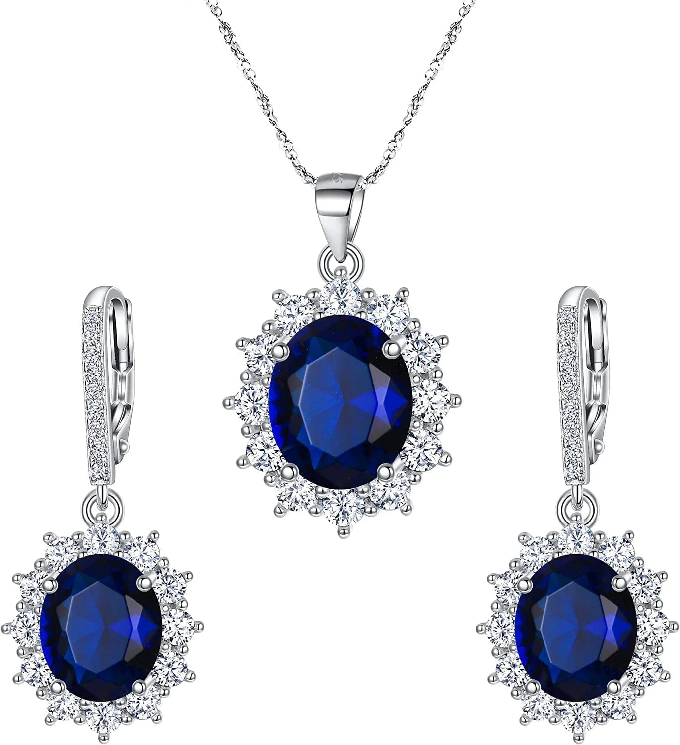 Bridal Wedding Jewelry Set, 925 Sterling Silver Sparkly White CZ Birthstone Hypoallergenic Engagement Necklace Earrings Set C-Blue