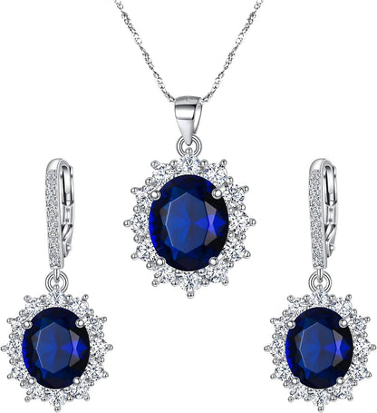 Bridal Wedding Jewelry Set, 925 Sterling Silver Sparkly White CZ Birthstone Hypoallergenic Engagement Necklace Earrings Set C-Blue