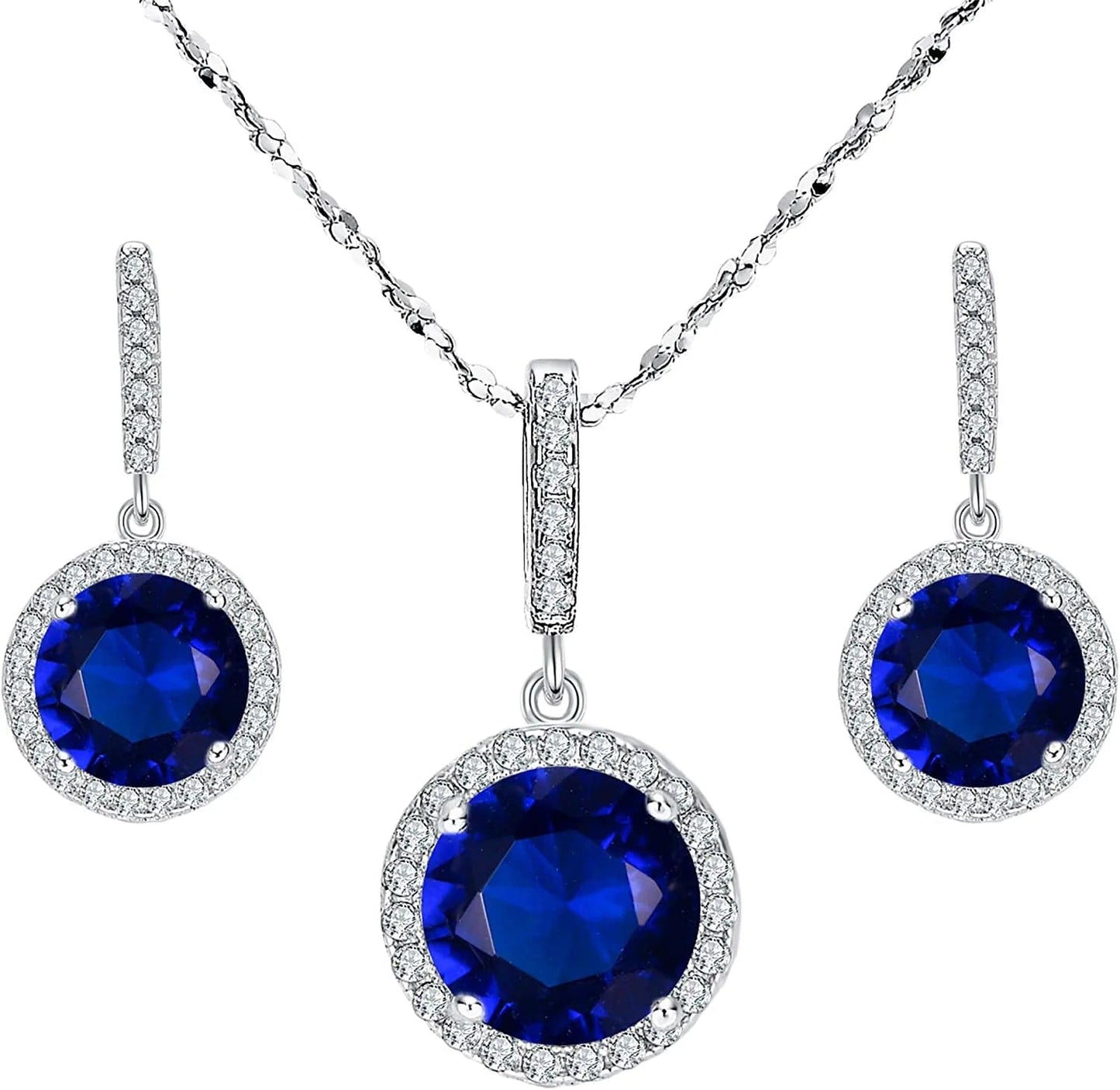 Bridal Wedding Jewelry Set, 925 Sterling Silver Sparkly White CZ Birthstone Hypoallergenic Engagement Necklace Earrings Set B-Blue