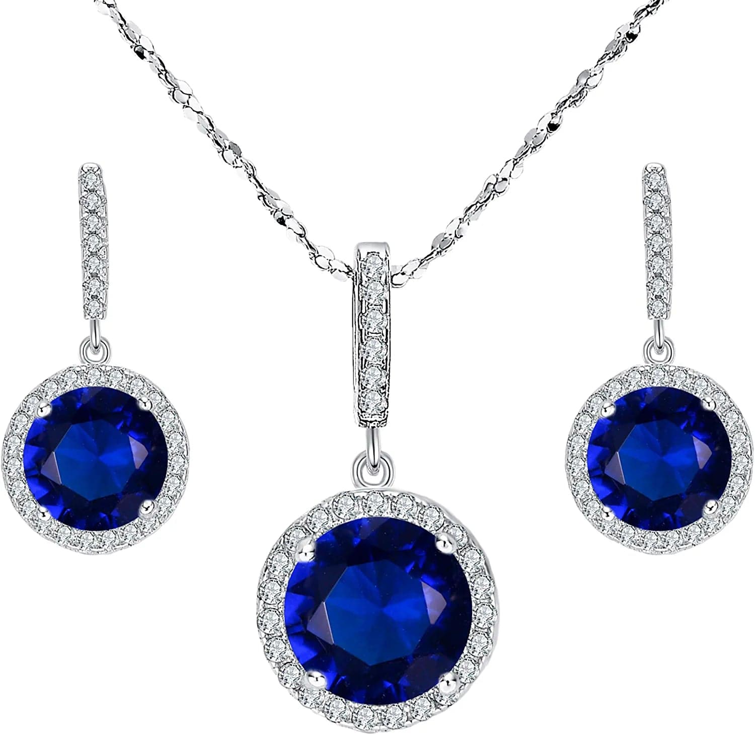 Bridal Wedding Jewelry Set, 925 Sterling Silver Sparkly White CZ Birthstone Hypoallergenic Engagement Necklace Earrings Set B-Blue