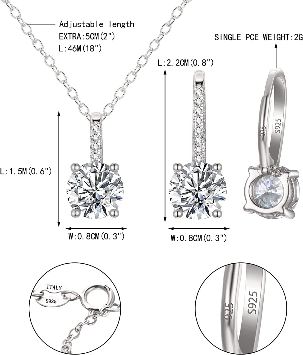 Bridal Wedding Jewelry Set, 925 Sterling Silver Sparkly White CZ Birthstone Hypoallergenic Engagement Necklace Earrings Set
