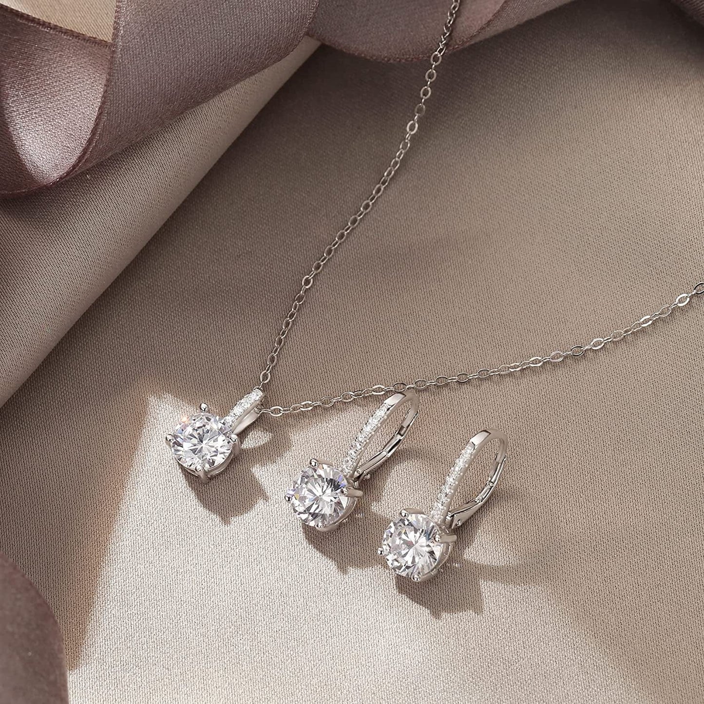 Bridal Wedding Jewelry Set, 925 Sterling Silver Sparkly White CZ Birthstone Hypoallergenic Engagement Necklace Earrings Set