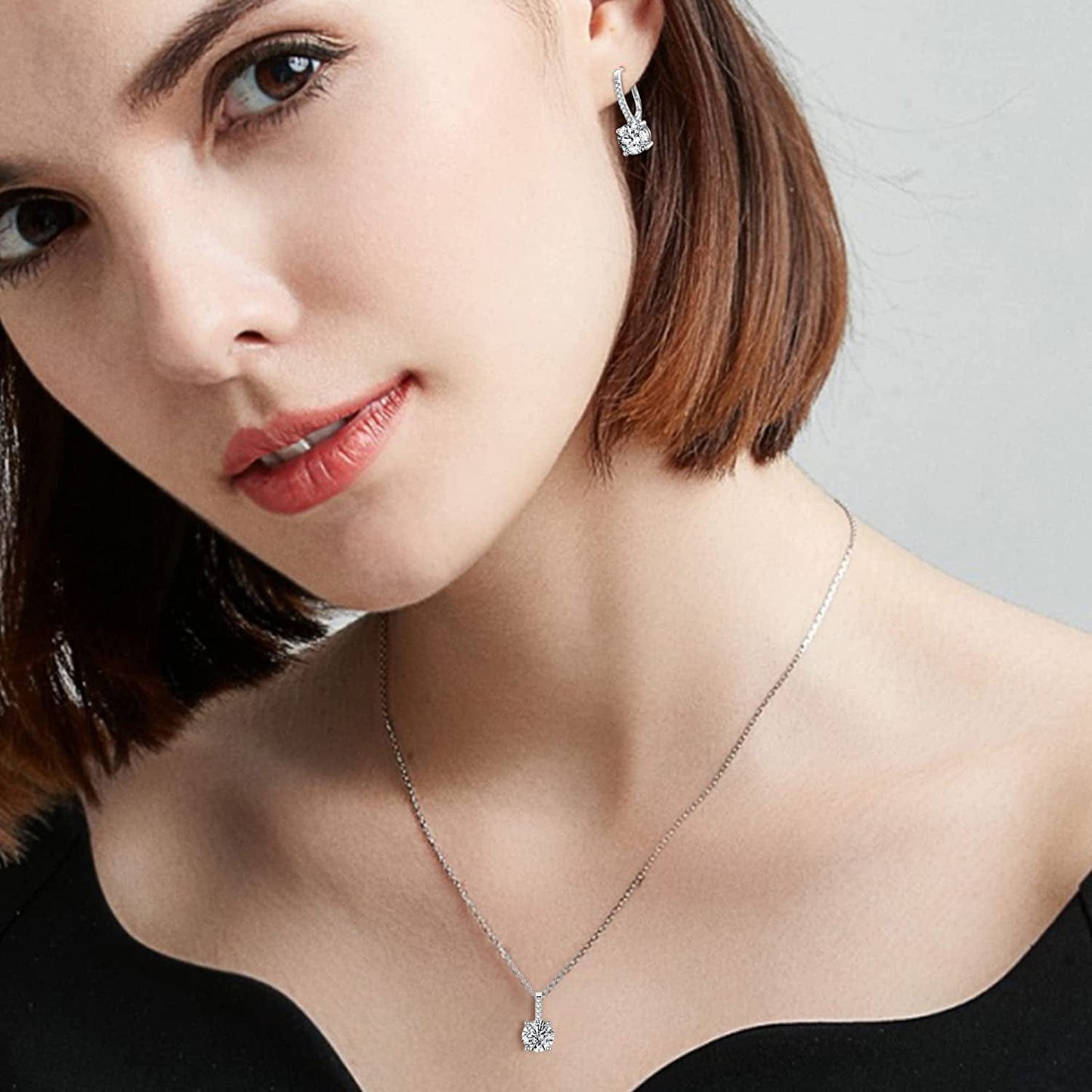 Bridal Wedding Jewelry Set, 925 Sterling Silver Sparkly White CZ Birthstone Hypoallergenic Engagement Necklace Earrings Set