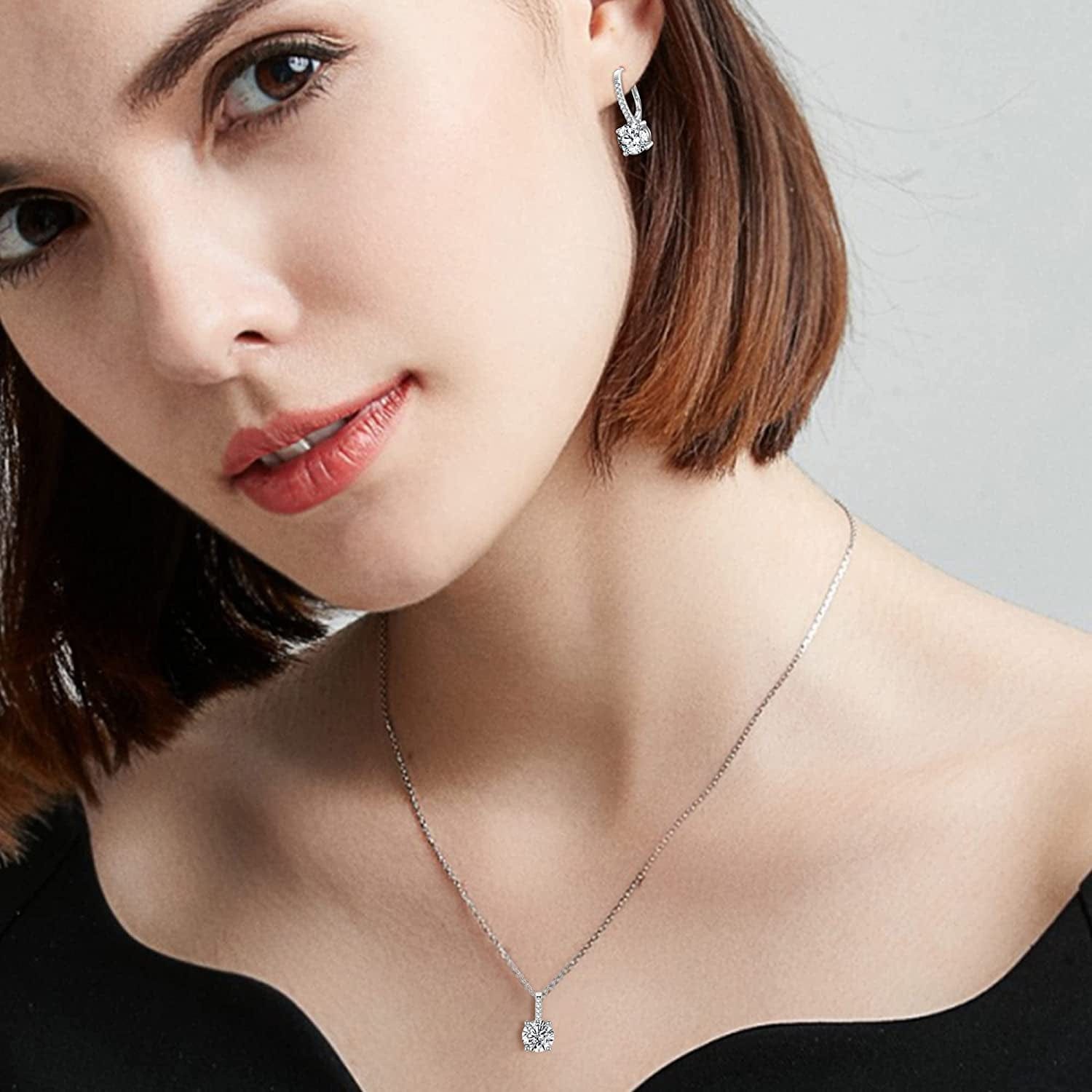 Bridal Wedding Jewelry Set, 925 Sterling Silver Sparkly White CZ Birthstone Hypoallergenic Engagement Necklace Earrings Set