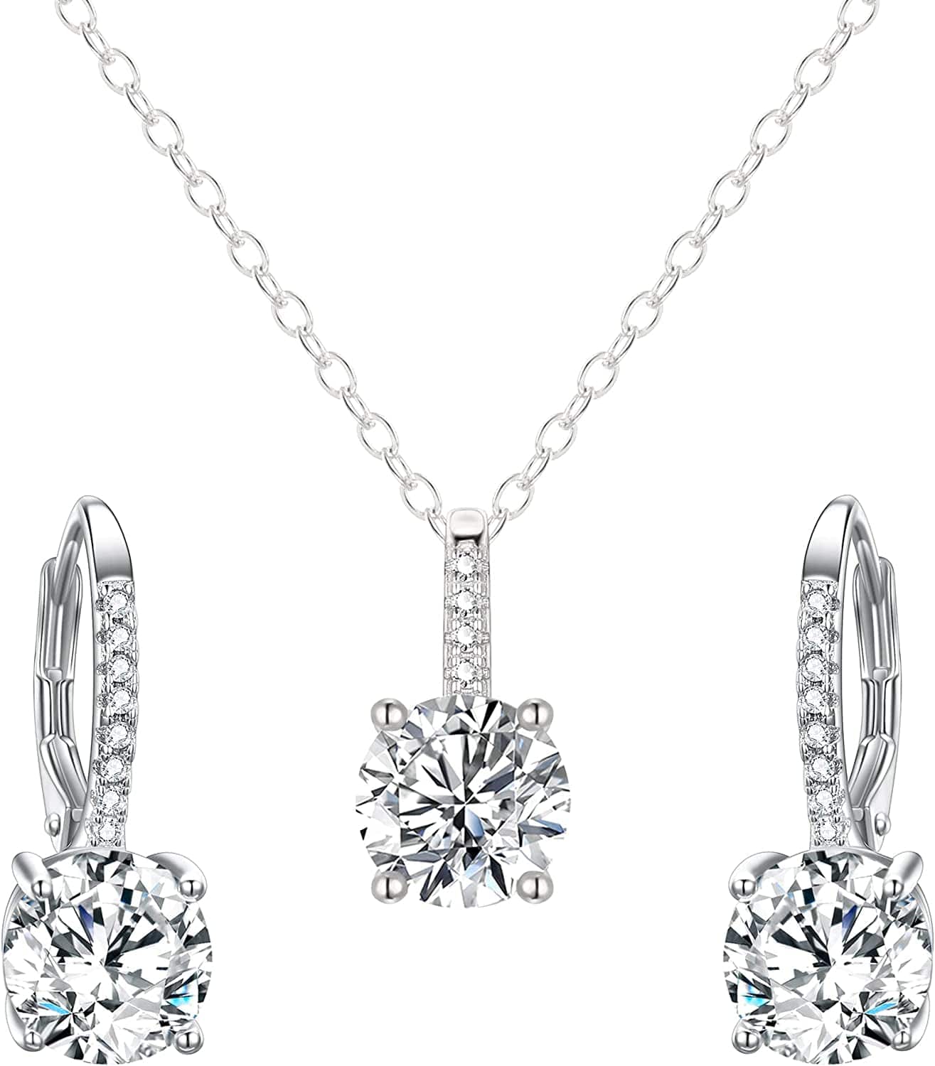 Bridal Wedding Jewelry Set, 925 Sterling Silver Sparkly White CZ Birthstone Hypoallergenic Engagement Necklace Earrings Set A-Clear