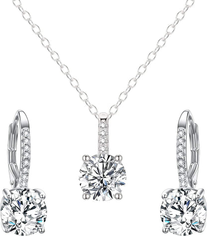 Bridal Wedding Jewelry Set, 925 Sterling Silver Sparkly White CZ Birthstone Hypoallergenic Engagement Necklace Earrings Set A-Clear