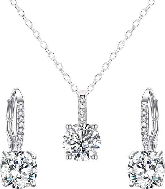 Bridal Wedding Jewelry Set, 925 Sterling Silver Sparkly White CZ Birthstone Hypoallergenic Engagement Necklace Earrings Set A-Clear