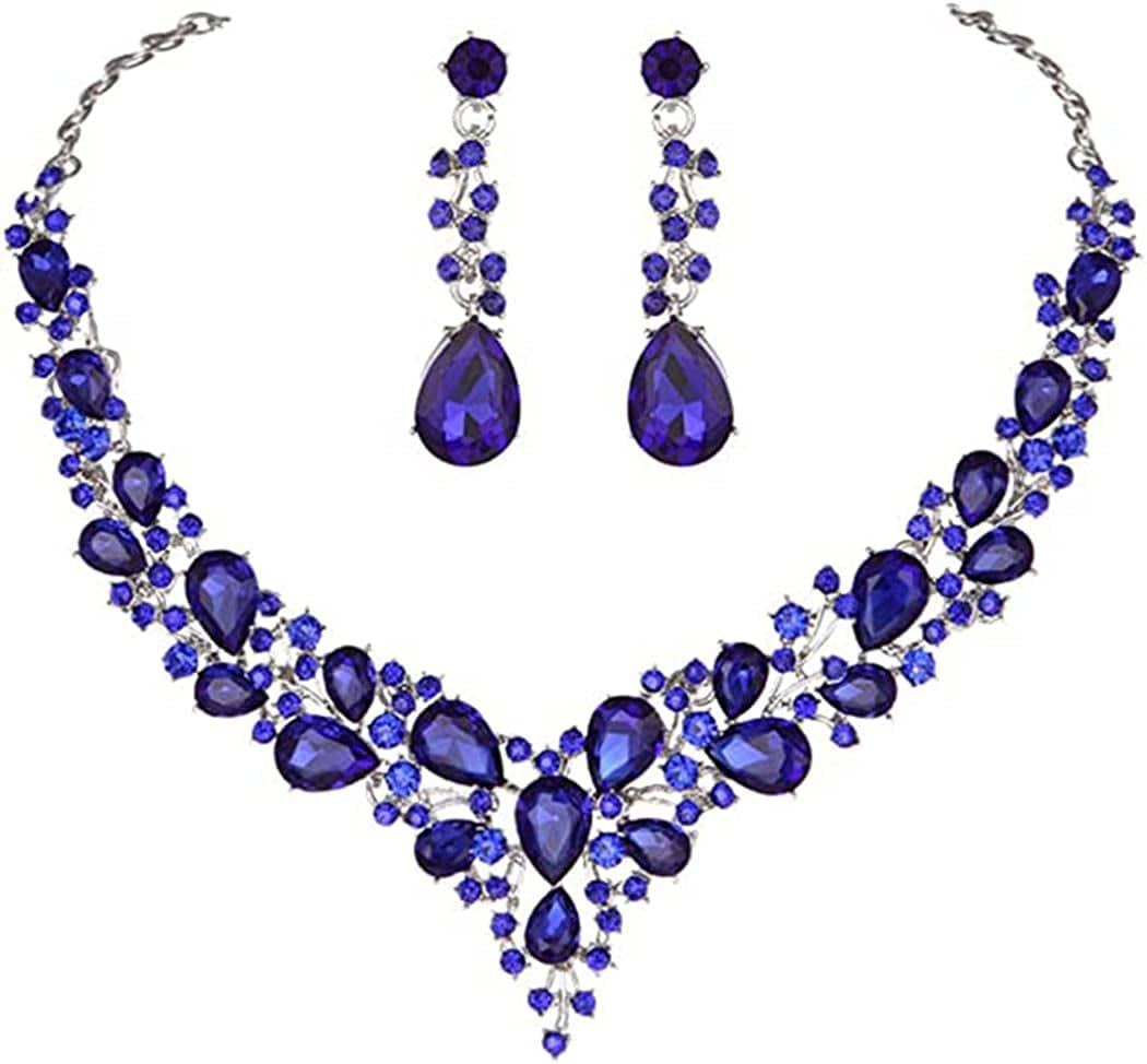 Bride Crystal Necklace Earrings Set Bridal Wedding Jewelry Sets Rhinestone Choker Necklace Prom Costume Jewelry Set for Women and Girls (3 Piece Set - 2 Earrings and 1 Necklace) Style 2-Blue