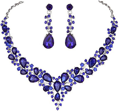 Bride Crystal Necklace Earrings Set Bridal Wedding Jewelry Sets Rhinestone Choker Necklace Prom Costume Jewelry Set for Women and Girls (3 Piece Set - 2 Earrings and 1 Necklace) Style 2-Blue