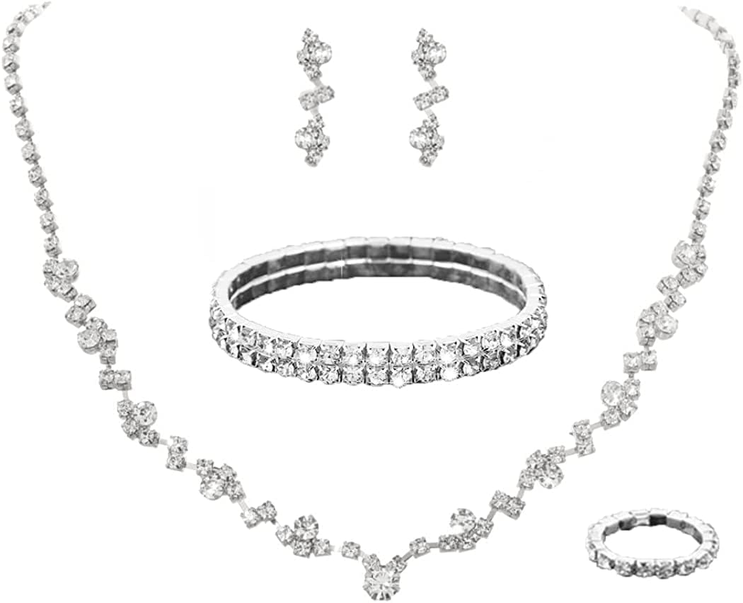 Bride Crystal Necklace Earrings Set Bridal Wedding Jewelry Sets Rhinestone Choker Necklace Prom Costume Jewelry Set for Women and Girls (3 Piece Set - 2 Earrings and 1 Necklace) Silver a