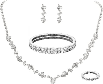 Bride Crystal Necklace Earrings Set Bridal Wedding Jewelry Sets Rhinestone Choker Necklace Prom Costume Jewelry Set for Women and Girls (3 Piece Set - 2 Earrings and 1 Necklace) Silver a