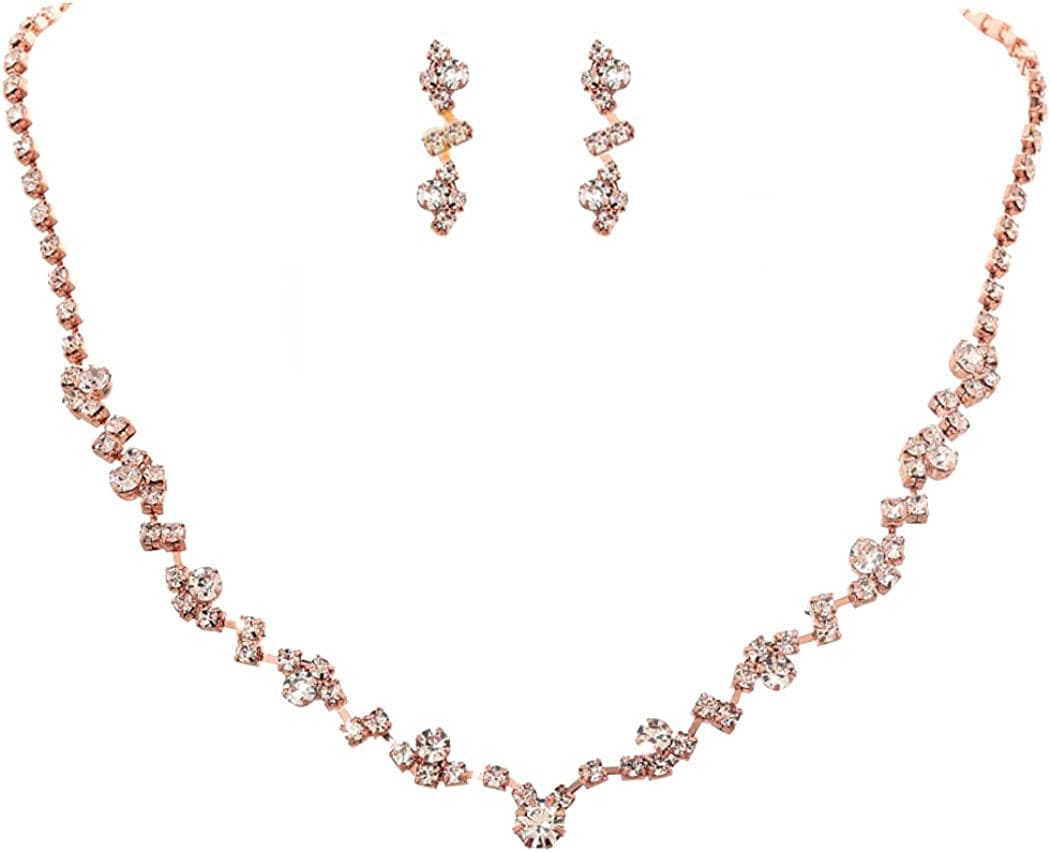 Bride Crystal Necklace Earrings Set Bridal Wedding Jewelry Sets Rhinestone Choker Necklace Prom Costume Jewelry Set for Women and Girls (3 Piece Set - 2 Earrings and 1 Necklace) Rose Gold