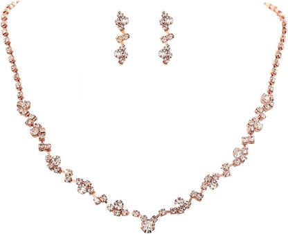 Bride Crystal Necklace Earrings Set Bridal Wedding Jewelry Sets Rhinestone Choker Necklace Prom Costume Jewelry Set for Women and Girls (3 Piece Set - 2 Earrings and 1 Necklace) Rose Gold