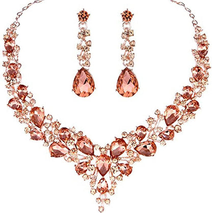 Bride Crystal Necklace Earrings Set Bridal Wedding Jewelry Sets Rhinestone Choker Necklace Prom Costume Jewelry Set for Women and Girls (3 Piece Set - 2 Earrings and 1 Necklace) Style 2-Rose Gold