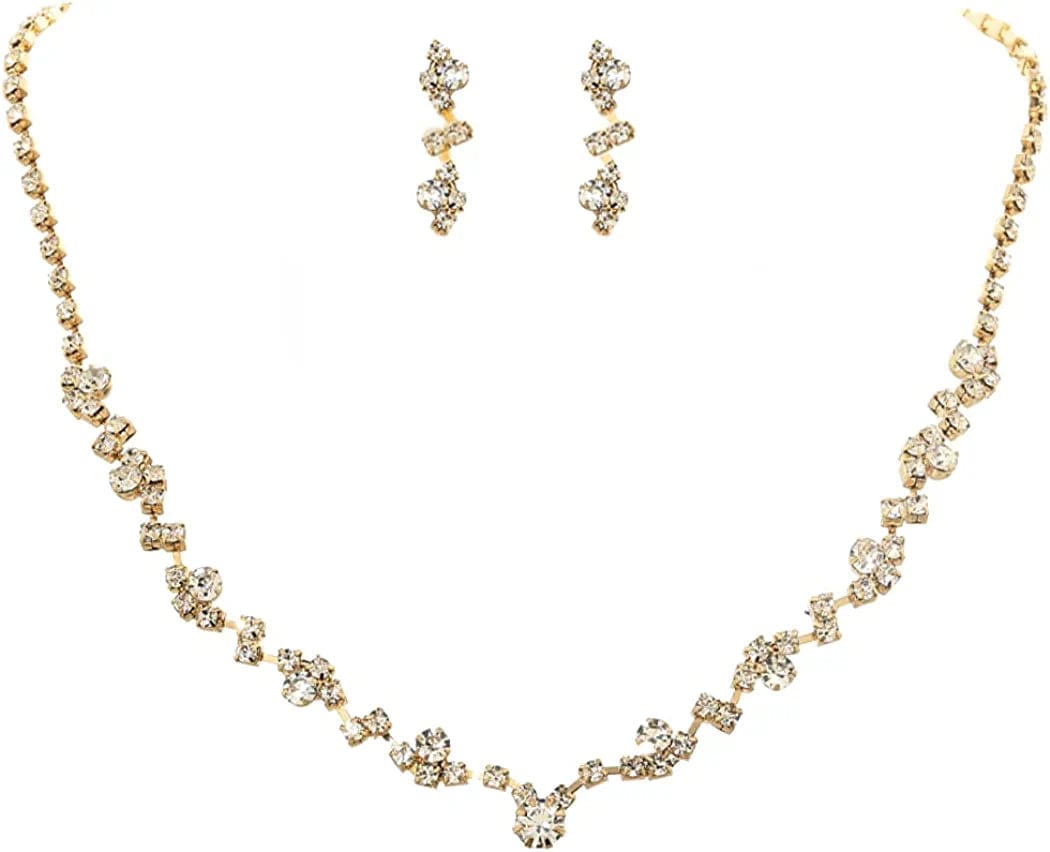 Bride Crystal Necklace Earrings Set Bridal Wedding Jewelry Sets Rhinestone Choker Necklace Prom Costume Jewelry Set for Women and Girls (3 Piece Set - 2 Earrings and 1 Necklace) Gold