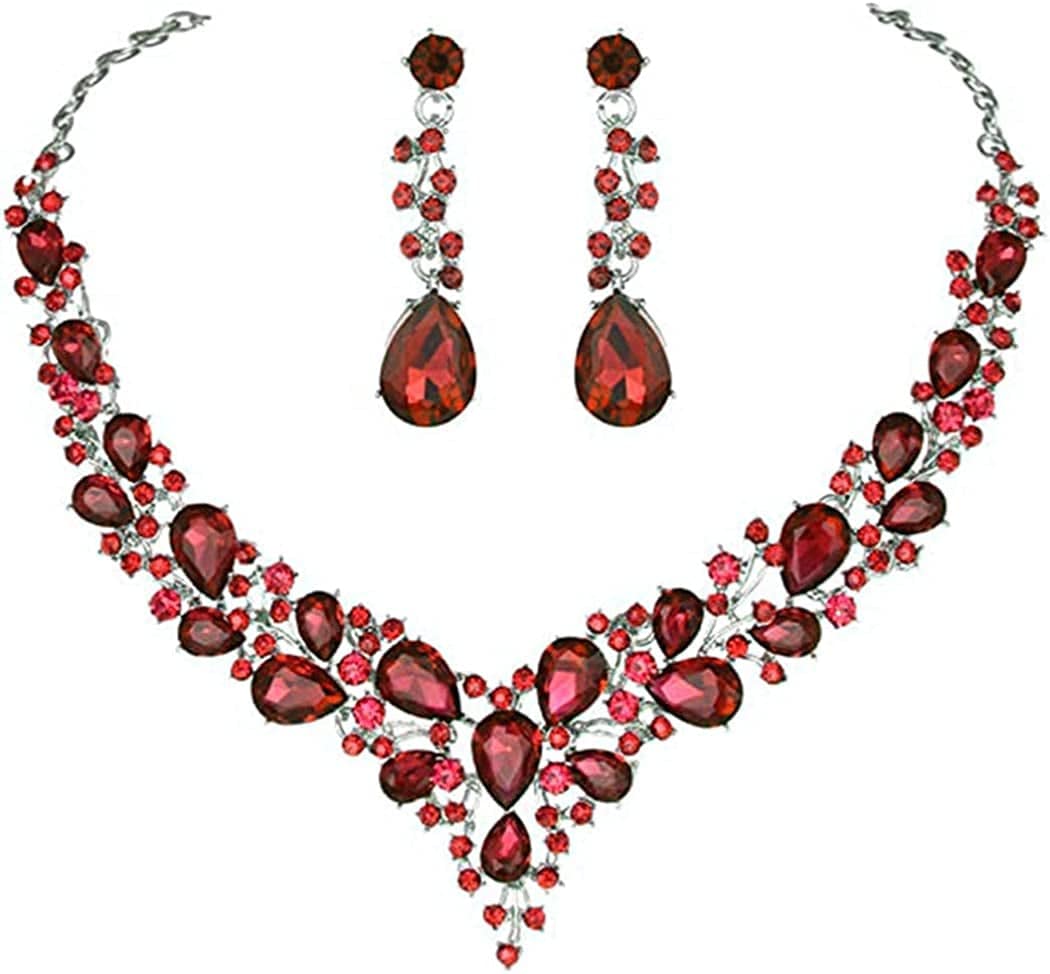 Bride Crystal Necklace Earrings Set Bridal Wedding Jewelry Sets Rhinestone Choker Necklace Prom Costume Jewelry Set for Women and Girls (3 Piece Set - 2 Earrings and 1 Necklace) Style 2-Red