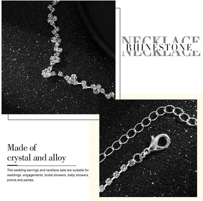 Bride Crystal Necklace Earrings Set Bridal Wedding Jewelry Sets Rhinestone Choker Necklace Prom Costume Jewelry Set for Women and Girls (3 Piece Set - 2 Earrings and 1 Necklace)