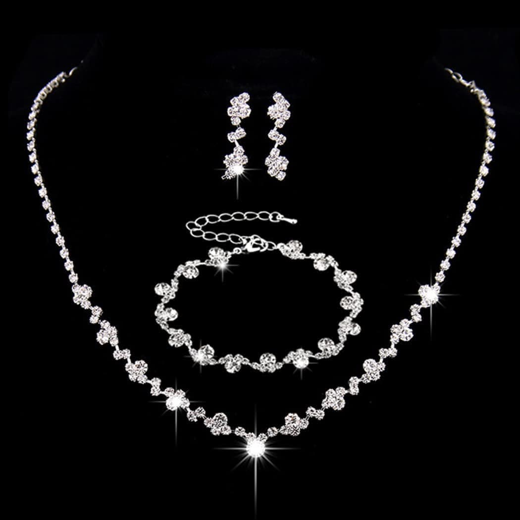 Bride Crystal Necklace Earrings Set Bridal Wedding Jewelry Sets Rhinestone Choker Necklace Prom Costume Jewelry Set for Women and Girls (3 Piece Set - 2 Earrings and 1 Necklace)