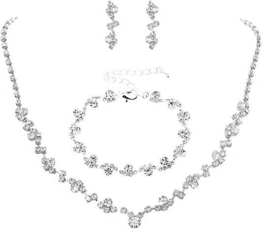 Bride Crystal Necklace Earrings Set Bridal Wedding Jewelry Sets Rhinestone Choker Necklace Prom Costume Jewelry Set for Women and Girls (3 Piece Set - 2 Earrings and 1 Necklace) Silver