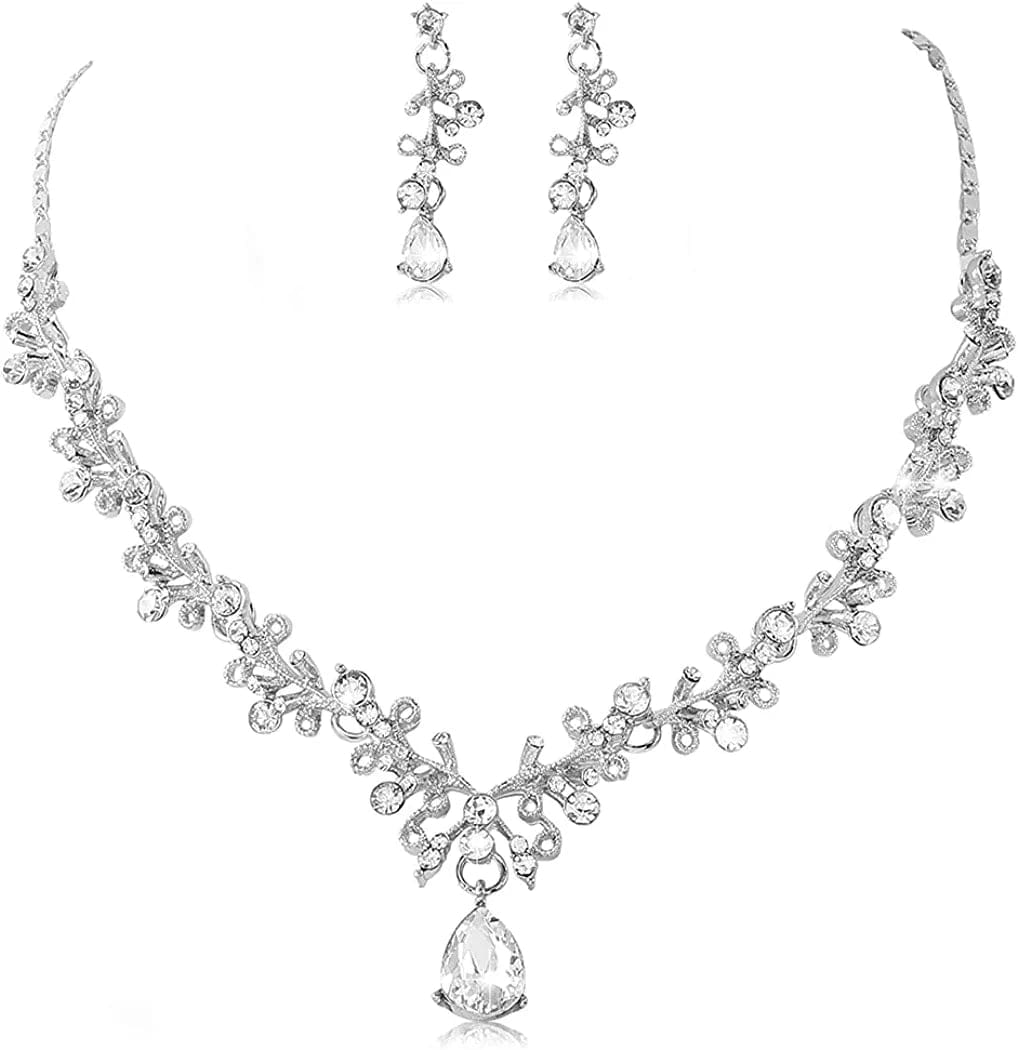 Bride Crystal Necklace Earrings Set Bridal Wedding Jewelry Sets Rhinestone Choker Necklace Prom Costume Jewelry Set for Women and Girls(3 Piece Set - 2 Earrings and 1 Necklace) Silver-E