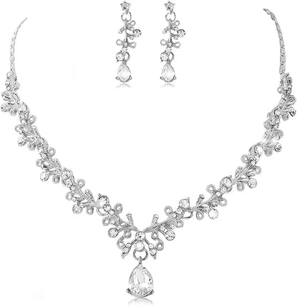 Bride Crystal Necklace Earrings Set Bridal Wedding Jewelry Sets Rhinestone Choker Necklace Prom Costume Jewelry Set for Women and Girls(3 Piece Set - 2 Earrings and 1 Necklace) Silver-E