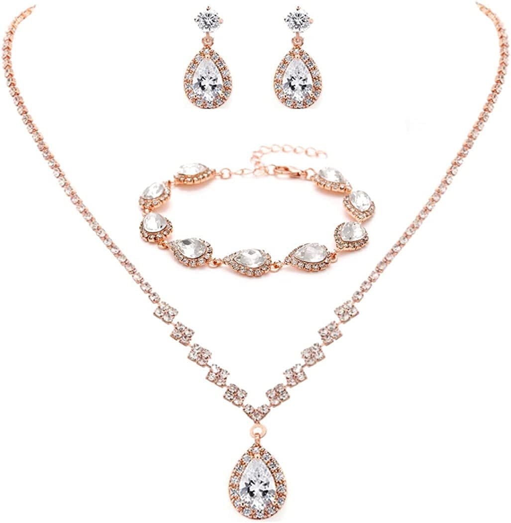Bride Crystal Necklace Earrings Set Bridal Wedding Jewelry Sets Rhinestone Choker Necklace Prom Costume Jewelry Set for Women and Girls(3 Piece Set - 2 Earrings and 1 Necklace) D-3 Pack Rose Gold Necklace Bracelet Earrings