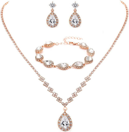 Bride Crystal Necklace Earrings Set Bridal Wedding Jewelry Sets Rhinestone Choker Necklace Prom Costume Jewelry Set for Women and Girls(3 Piece Set - 2 Earrings and 1 Necklace) D-3 Pack Rose Gold Necklace Bracelet Earrings