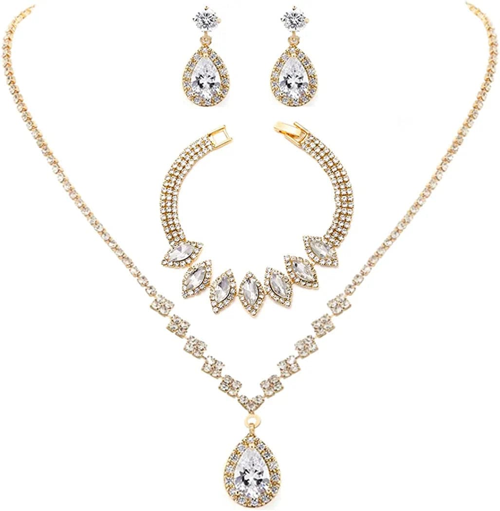 Bride Crystal Necklace Earrings Set Bridal Wedding Jewelry Sets Rhinestone Choker Necklace Prom Costume Jewelry Set for Women and Girls(3 Piece Set - 2 Earrings and 1 Necklace) E-3 Pack Gold Necklace Bracelet Earrings