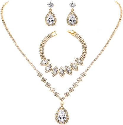 Bride Crystal Necklace Earrings Set Bridal Wedding Jewelry Sets Rhinestone Choker Necklace Prom Costume Jewelry Set for Women and Girls(3 Piece Set - 2 Earrings and 1 Necklace) E-3 Pack Gold Necklace Bracelet Earrings