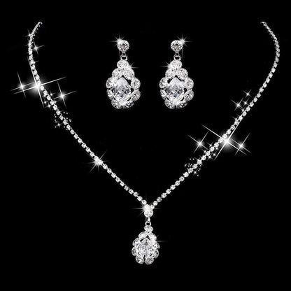 Bride Crystal Necklace Earrings Set Bridal Wedding Jewelry Sets Rhinestone Choker Necklace Prom Costume Jewelry Set for Women and Girls(3 Piece Set - 2 Earrings and 1 Necklace) Silver-B