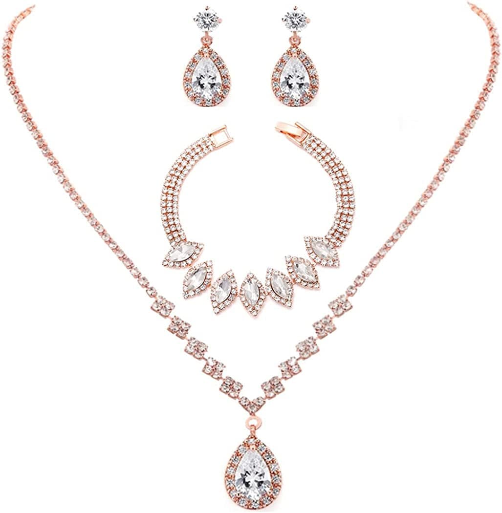 Bride Crystal Necklace Earrings Set Bridal Wedding Jewelry Sets Rhinestone Choker Necklace Prom Costume Jewelry Set for Women and Girls(3 Piece Set - 2 Earrings and 1 Necklace) E-3 Pack Rose Gold Necklace Bracelet Earrings