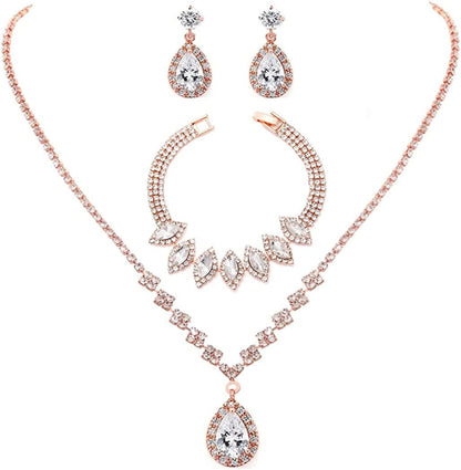Bride Crystal Necklace Earrings Set Bridal Wedding Jewelry Sets Rhinestone Choker Necklace Prom Costume Jewelry Set for Women and Girls(3 Piece Set - 2 Earrings and 1 Necklace) E-3 Pack Rose Gold Necklace Bracelet Earrings