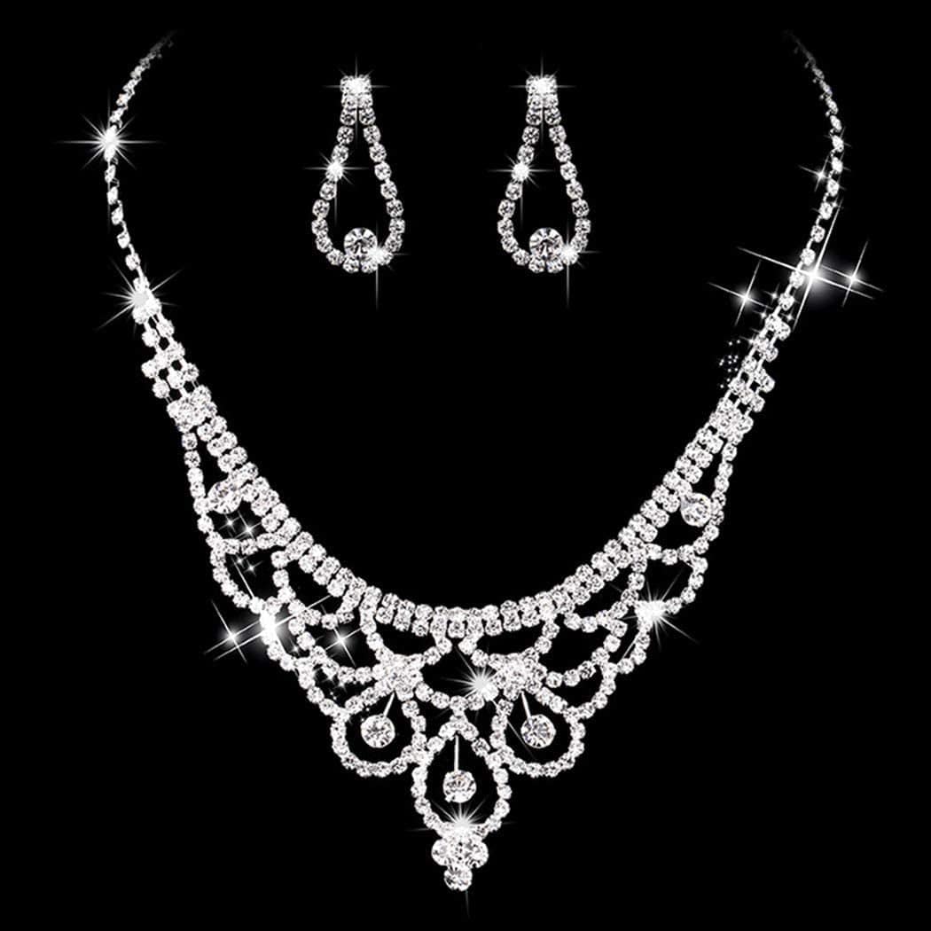 Bride Crystal Necklace Earrings Set Bridal Wedding Jewelry Sets Rhinestone Choker Necklace Prom Costume Jewelry Set for Women and Girls(3 Piece Set - 2 Earrings and 1 Necklace) Silver-D