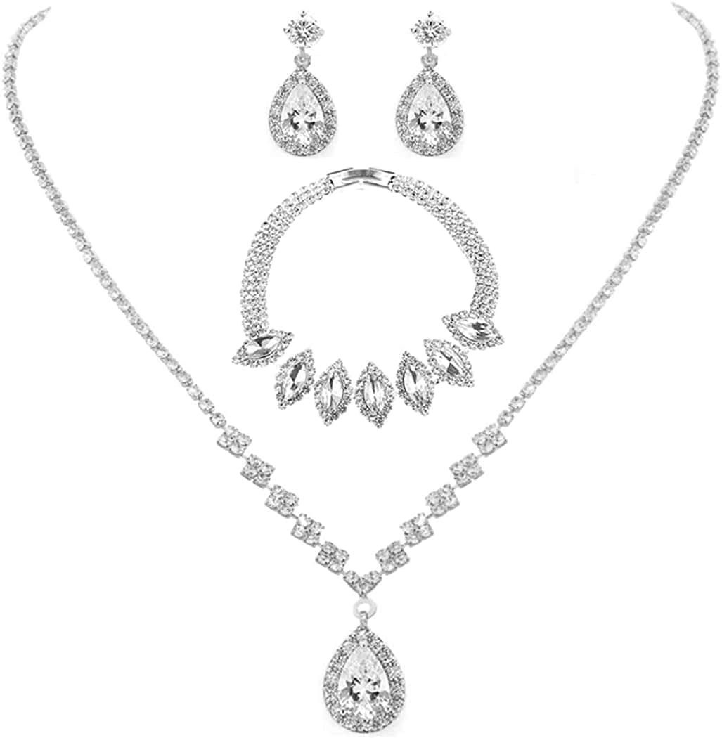 Bride Crystal Necklace Earrings Set Bridal Wedding Jewelry Sets Rhinestone Choker Necklace Prom Costume Jewelry Set for Women and Girls(3 Piece Set - 2 Earrings and 1 Necklace) E-3 Pack Silver Necklace Bracelet Earrings