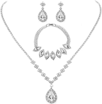 Bride Crystal Necklace Earrings Set Bridal Wedding Jewelry Sets Rhinestone Choker Necklace Prom Costume Jewelry Set for Women and Girls(3 Piece Set - 2 Earrings and 1 Necklace) E-3 Pack Silver Necklace Bracelet Earrings