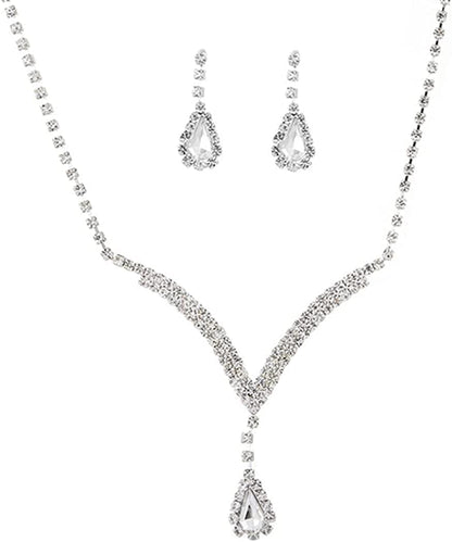 Bride Crystal Necklace Earrings Set Bridal Wedding Jewelry Sets Rhinestone Choker Necklace Prom Costume Jewelry Set for Women and Girls(3 Piece Set - 2 Earrings and 1 Necklace) Silver-A