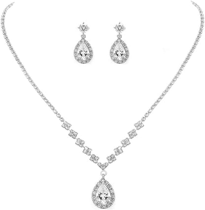 Bride Crystal Necklace Earrings Set Bridal Wedding Jewelry Sets Rhinestone Choker Necklace Prom Costume Jewelry Set for Women and Girls(3 Piece Set - 2 Earrings and 1 Necklace) A-Silver