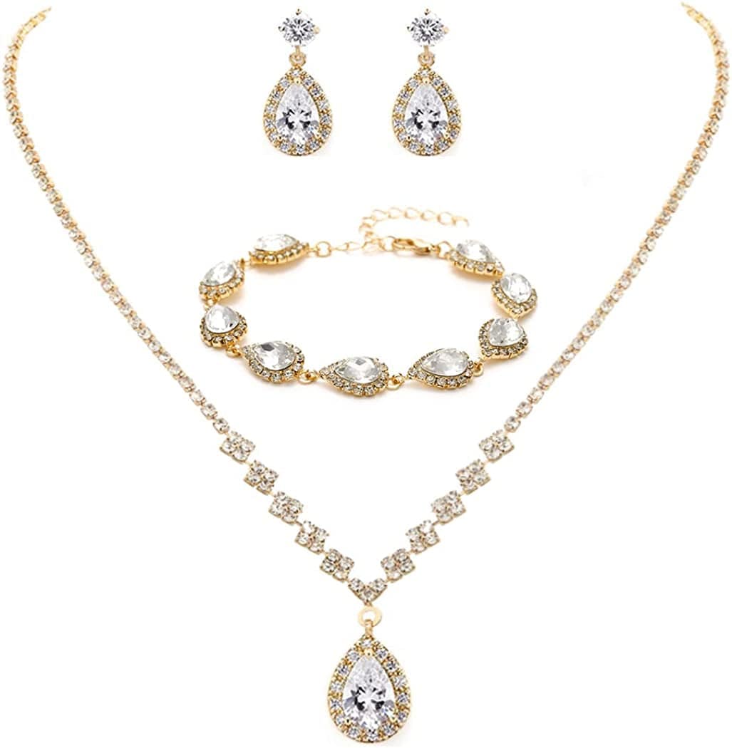 Bride Crystal Necklace Earrings Set Bridal Wedding Jewelry Sets Rhinestone Choker Necklace Prom Costume Jewelry Set for Women and Girls(3 Piece Set - 2 Earrings and 1 Necklace) D-3 Pack Gold Necklace Bracelet Earrings