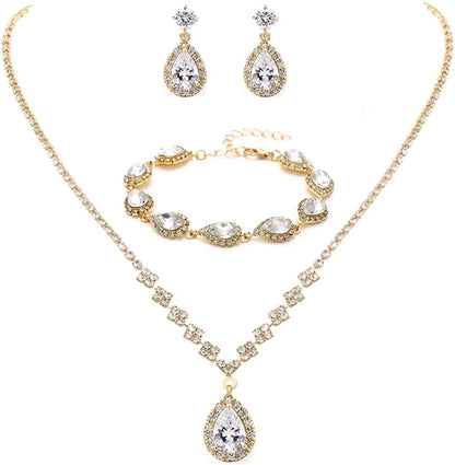 Bride Crystal Necklace Earrings Set Bridal Wedding Jewelry Sets Rhinestone Choker Necklace Prom Costume Jewelry Set for Women and Girls(3 Piece Set - 2 Earrings and 1 Necklace) D-3 Pack Gold Necklace Bracelet Earrings