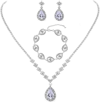 Bride Crystal Necklace Earrings Set Bridal Wedding Jewelry Sets Rhinestone Choker Necklace Prom Costume Jewelry Set for Women and Girls(3 Piece Set - 2 Earrings and 1 Necklace) D-3 Pack Silver Necklace Bracelet Earrings