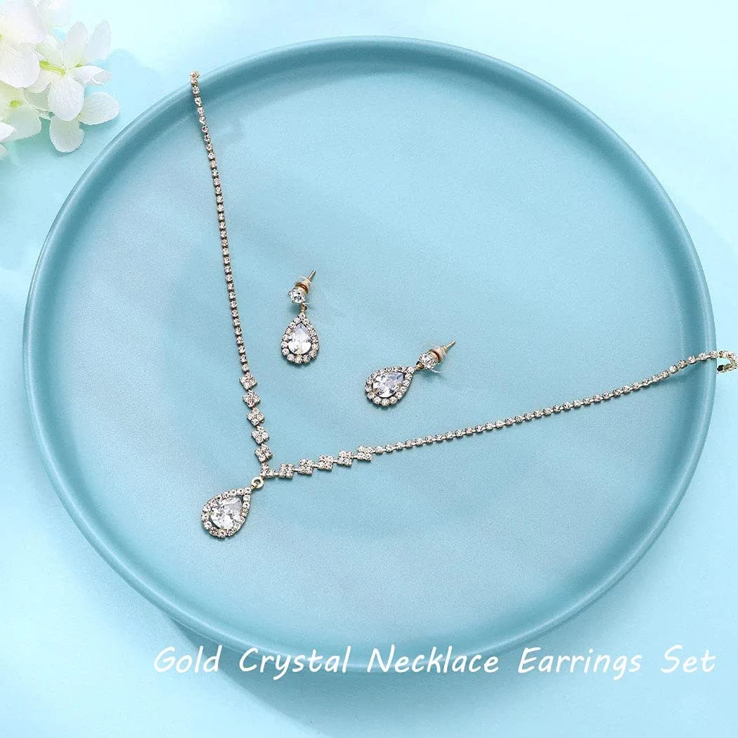 Bride Crystal Necklace Earrings Set Bridal Wedding Jewelry Sets Rhinestone Choker Necklace Prom Costume Jewelry Set for Women and Girls(3 Piece Set - 2 Earrings and 1 Necklace)