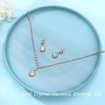Bride Crystal Necklace Earrings Set Bridal Wedding Jewelry Sets Rhinestone Choker Necklace Prom Costume Jewelry Set for Women and Girls(3 Piece Set - 2 Earrings and 1 Necklace)